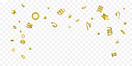 Holiday and anniversary confetti background. Falling gold decor elements stars and spirals. Design template for birthday party and other celebrations invitation. Vector illustrationのイラスト素材