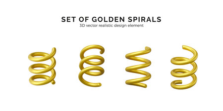 Golden spiral confetti set. Realistic 3d twisted curve for holiday greeting cards and banner. Vector illustrationのイラスト素材