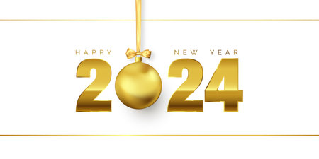 Happy New Year holiday greeting card. Golden text 2024 with Christmas ball on gold ribbon with bow. 2024 festive template. Vector illustration isolated on whiteのイラスト素材