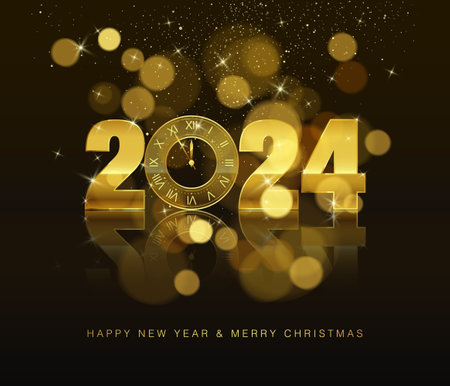 New Years holiday banner. New Year countdown clock with gold numbers 2024 with effect bokeh and reflection. Abstract holiday background. Vector illustrationのイラスト素材