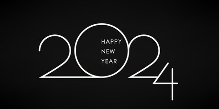 2024 Happy New Year Greeting Card Design. White 2024 Happy New Year Lettering on Black Background. Holiday Creative Text Black and White Numbers. Vector Illustrationのイラスト素材