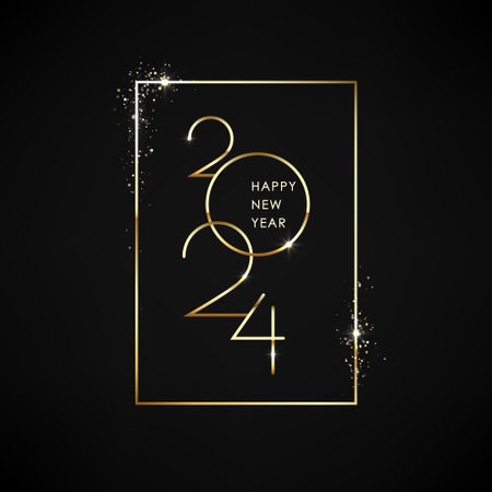 Gold lettering 2024 happy New Year. Holiday greeting card design with gold frame and text inside. Vector illustrationのイラスト素材