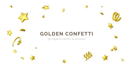 Golden confetti. Festive background. 3D confetti template isolated on white background. Vector illustrationのイラスト素材