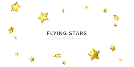 Flying golden stars. Party background falling confetti. 3d gold stars. Vector illustrationのイラスト素材