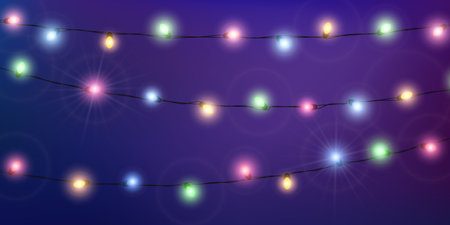Color Christmas lights. String with glowing light bulbs. Vector illustrationのイラスト素材