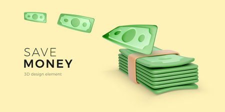 Manage money 3D concept. Green dollars fly to cash bundle. Cartoon business design element. Financial success. Vector illustrationのイラスト素材