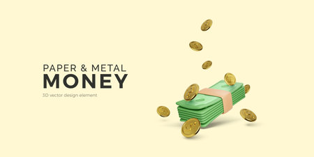 3D falling money. Gold coins with dollar symbol and green paper bundle of currency. Cartoon cash profit. Money management and success investment. Vector illustrationのイラスト素材