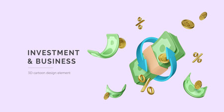 Stock exchange investment and business concept. Paper money bundle with flying green banknotes and gold coins with percentage sign. 3D cartoon design element. Vector illustrationのイラスト素材