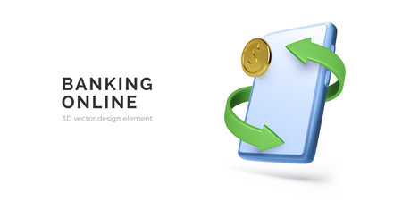 Digital wallet on mobile phone. Banking online app concept. 3D smartphone with arrow and gold coin. Mobile cashback and investment service. Vector illustrationのイラスト素材