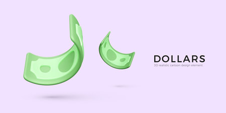 Curved 3D green paper American dollars. Render bent paper currency. Falling money. Vector illustrationのイラスト素材