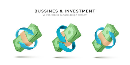 Set of 3D dollar bundle with circle arrows. Finance management. Currency exchange concept. Service for payment and cashback. Vector illustrationのイラスト素材