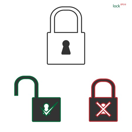 Set of flat lock icon isolated on white background, white, green, red lock, stock vector illustrationのイラスト素材
