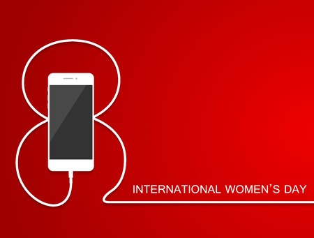Phone with line eight wire. Outline 8 March smartphone charge, International Women's Day card. . Vector illustration. Holiday banner, flayer, menu, brochureのイラスト素材