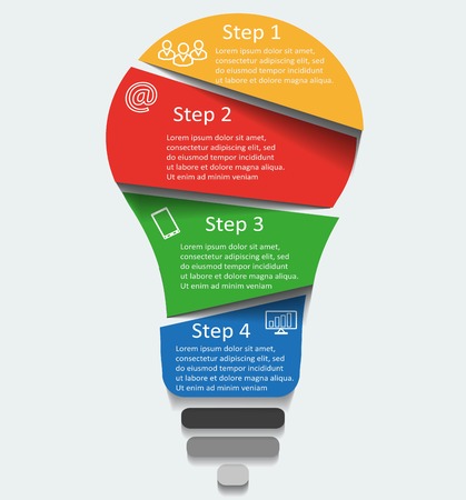 Vector light bulb infographic. Template for diagram, graph, presentation and round chart. Business startup idea lamp concept with 4 options, parts, steps, processes. Successful brainstormingのイラスト素材