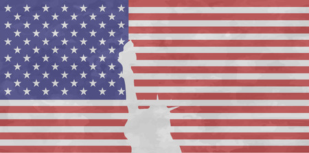 USA flag with isolated statue of liberty with frayed layout. United states of America symbol. Retro style. .Vector illustrationのイラスト素材