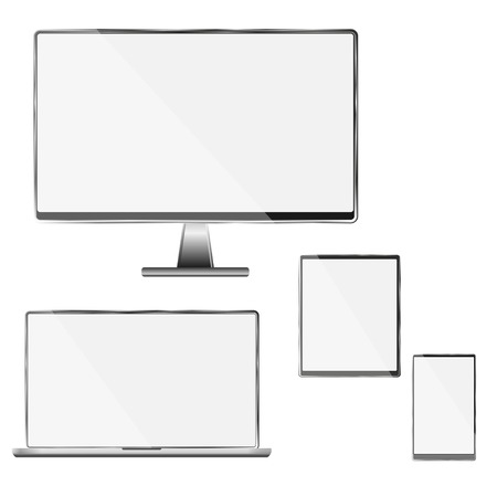 High quality illustration set of white - black modern technology devices - computer monitor, laptop, digital tablet and mobile phone with blank screen. Isolated on white background.のイラスト素材
