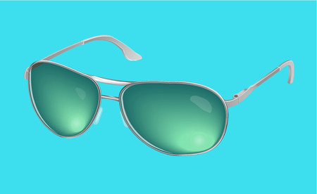 Vector realistic eye glasses, green sunglasses isolated on blue backgroundのイラスト素材