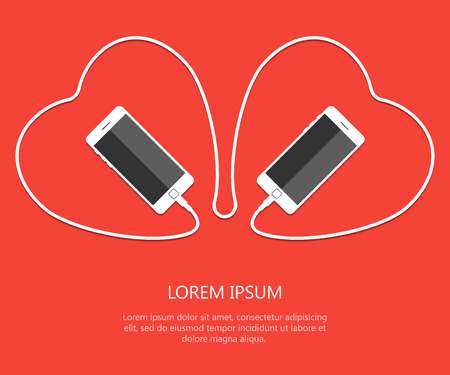 Two Heart with white phone united wire isolated on red background. Valentines day card. . Vector illustration. love smartphone flayer. Cellphones, Holiday poster template.のイラスト素材