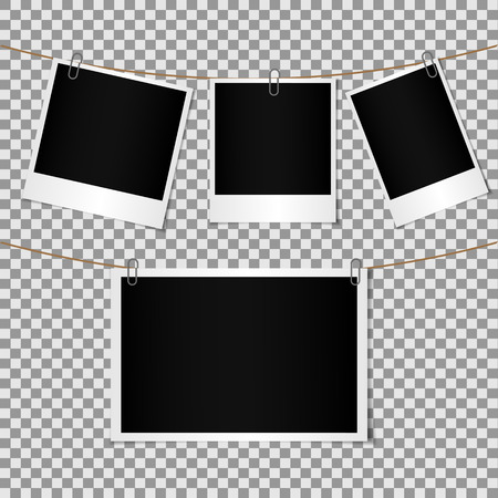 Set of Blank photo frame attached by paper clip to cord, shadow effect and empty space for your photography and picture.のイラスト素材