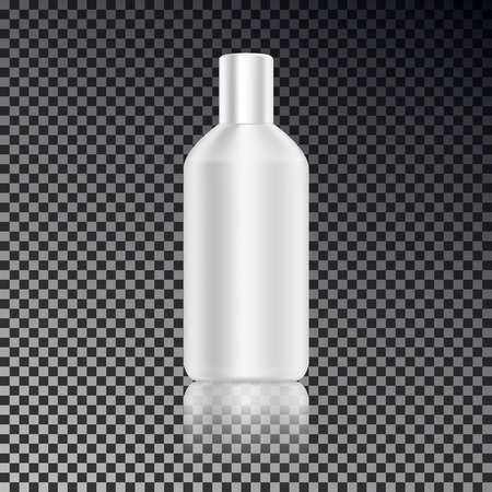 Cosmetic ads template, blank cosmetic mockup bottle with transparent reflection isolated on dark background. Realistic white 3D vector illustration.のイラスト素材