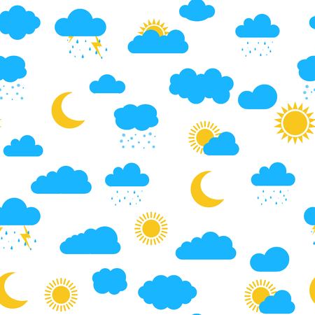 Seamless pattern with clouds, sun, moon, snow, raining and storm isolated on white background. Blue weather Vector illustration, cute clouds.のイラスト素材