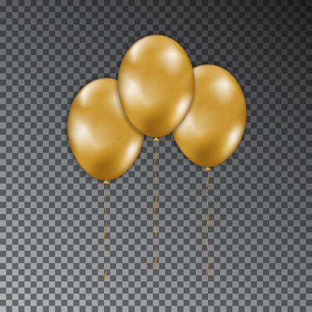Collection of gold shine air balloon with ribbon isolated on transparent background. Yellow decorative element for birthday, celebration, New Year holiday. Vector illustration.のイラスト素材