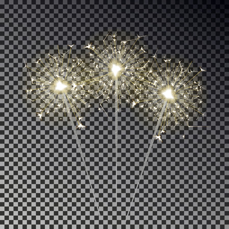 Sparkler set isolated on transparent background. Realistic transparent light effect. Festive sparkler decoration element for Birthday, Christmas, Party. Vector illustration.のイラスト素材