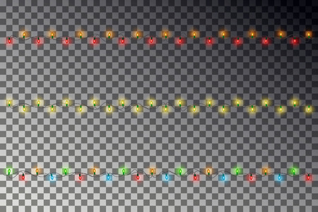 Christmas light string, realistic vector. Garland isolated on transparent background. Glowing decorations lights effects for Xmas Holiday. Christmas decoration garland.のイラスト素材