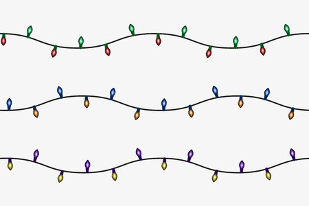 Christmas lights seamless vector set isolated on white. Colored realistic garland balls. Glitter hanging old fashion light string.のイラスト素材