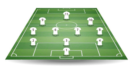 Top and back view of football field with team players t-shirt. Textured soccer field in perspective. Green tactic mock-up. Vector illustration.のイラスト素材