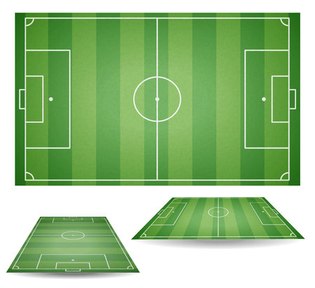 Set of top and side view of football fields. Textured soccer field. Green playground background. Vector collection illustration.のイラスト素材
