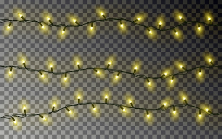 Christmas yellow lights string. Transparent effect decoration isolated on dark background. Realistic Christmas garland vector. Winter xmas glowing lights string, banner illustration.のイラスト素材
