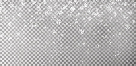 Christmas falling snow vector isolated on dark background. Snowflake transparent decoration effect. Xmas snow flake pattern. Magic white snowfall texture. Winter snowstorm backdrop illustration.のイラスト素材