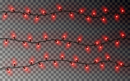 Christmas red lights string. Transparent effect decoration isolated on dark background. Realistic Christmas garland vector. Winter xmas glowing lights string, banner illustration.のイラスト素材