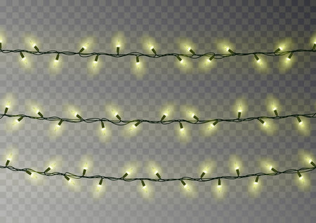 Christmas yellow lights string. Transparent effect decoration isolated on dark background. Realistic Christmas garland vector. Winter xmas glowing lights string, banner illustration.のイラスト素材
