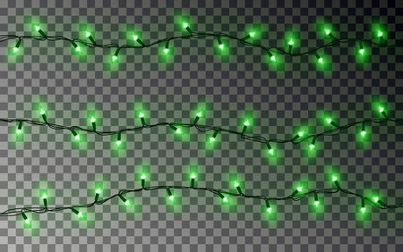 Christmas green lights string. Transparent effect decoration isolated on dark background. Realistic Christmas garland vector. Winter xmas glowing lights string, banner illustration.のイラスト素材