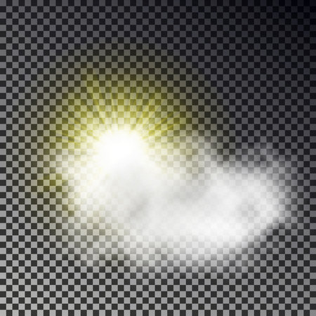 Sun and cloud isolated on checkered background. Transparent Sunny sky effect. Realistic sun ray light and cloud pattern. Shine texture design. Editable vector illustration.のイラスト素材