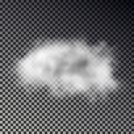 White cloud isolated on checkered background. Transparent fog or smoke. Realistic cloud effect, texture design. Editable vector illustration.のイラスト素材