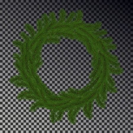 Green Christmas wreath vector isolated on checkered background. Xmas round garland decoration effect. Ring frame of branch christmas tree. Vector illustration.のイラスト素材