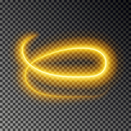 Light line effect, gold vector. Glowing light fire trace. Glitter magic swirl trail effect isolated on transparent background. Abstract round wave line.のイラスト素材