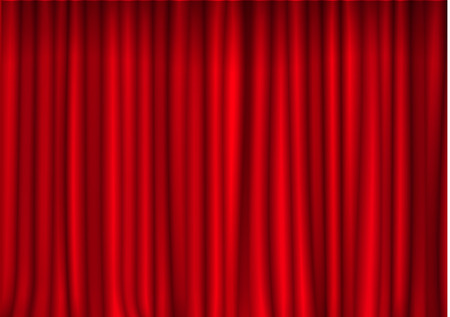 Red closed curtain in theater. Velvet fabric cinema curtain vector. Closed curtains decoration. Drama stage background. Vector illustration.のイラスト素材
