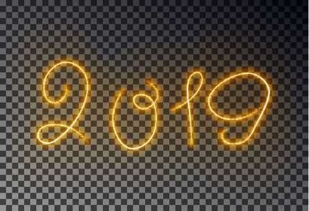 Happy 2019 New Year light line with dust. Glowing magic yellow color effect isolated on transparent background. Vector illustration.のイラスト素材