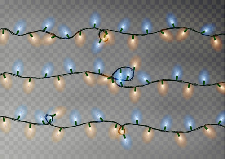 Christmas color lights string. Transparent effect decoration isolated on dark background. Realistic Christmas garland vector. Winter xmas glowing lights string. Vector banner illustration.のイラスト素材