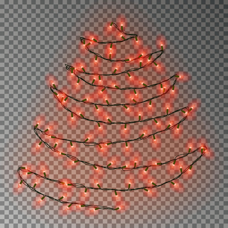 Christmas color tree of lights string. Transparent effect decoration isolated on dark background. Realistic Christmas garland vector. Glowing Winter Xmas tree lights string, banner illustration.のイラスト素材