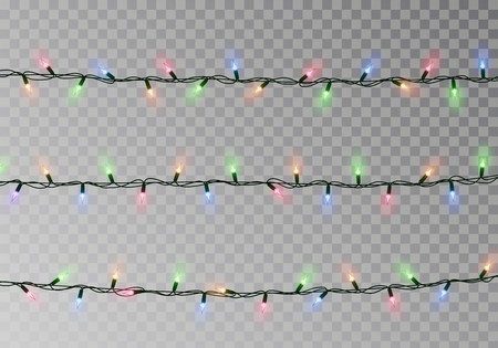 Christmas color lights string. Transparent effect decoration isolated on dark background. Realistic Christmas garland vector. Winter xmas glowing lights string. Vector banner illustration.のイラスト素材