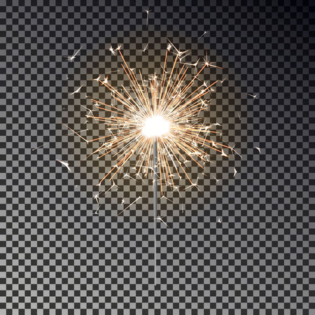 Bengal fire. New year sparkler candle isolated on transparent background. Realistic vector light effect. Party backdrop. Sparkler vector firework. Magic light. Winter Xmas decoration illustration.のイラスト素材