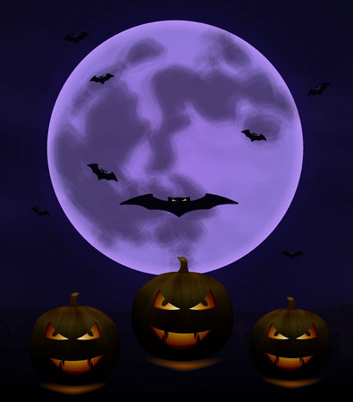 Halloween background with full Moon and pumpkins in dark night isolated. Halloween moon, scary bats poster. Vector illustration.のイラスト素材