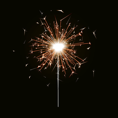 Bengal fire. New year sparkler candle isolated on black background. Realistic vector light effect. Party backdrop. Sparkler vector firework. Magic light. Winter Xmas decoration illustration.のイラスト素材