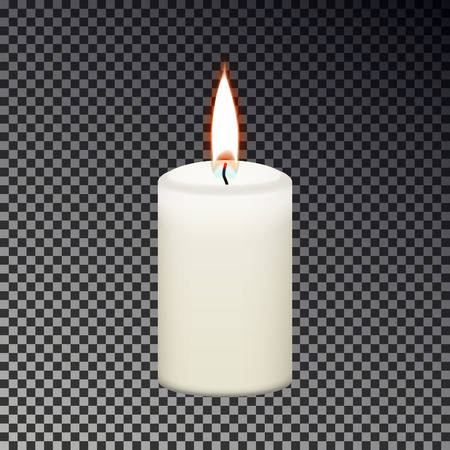 Candle flame fire isolated on checkered background, Memorial fire, light sign. Realistic yellow candle with flame effect for Christmas, birthday, church. Vector illustration.のイラスト素材