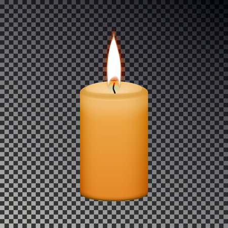 Candle flame fire isolated on checkered background, Memorial fire, light sign. Realistic yellow candle with flame effect for Christmas, birthday, church. Vector illustration.のイラスト素材
